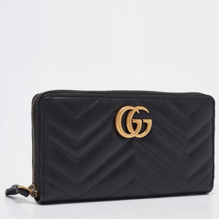 Pre Owned Gucci Black Matelassé Leather GG Marmont Zip Around Wallet