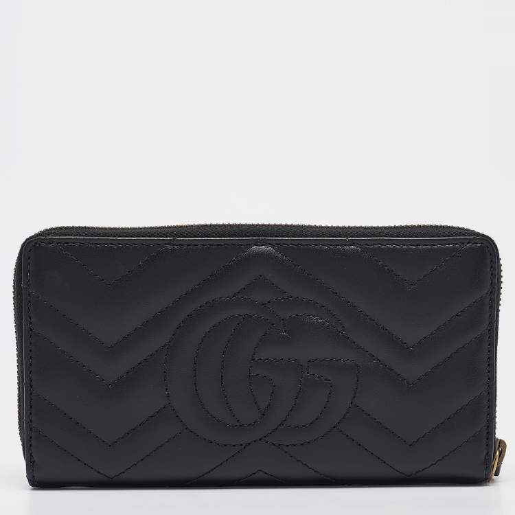 Pre Owned Gucci Black Matelassé Leather GG Marmont Zip Around Wallet