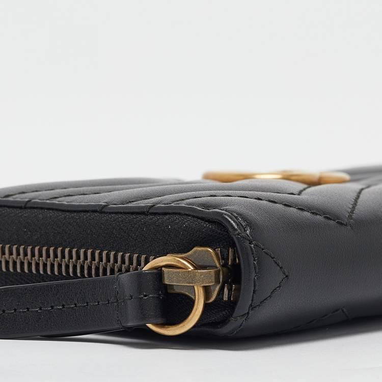 Pre Owned Gucci Black Matelassé Leather GG Marmont Zip Around Wallet