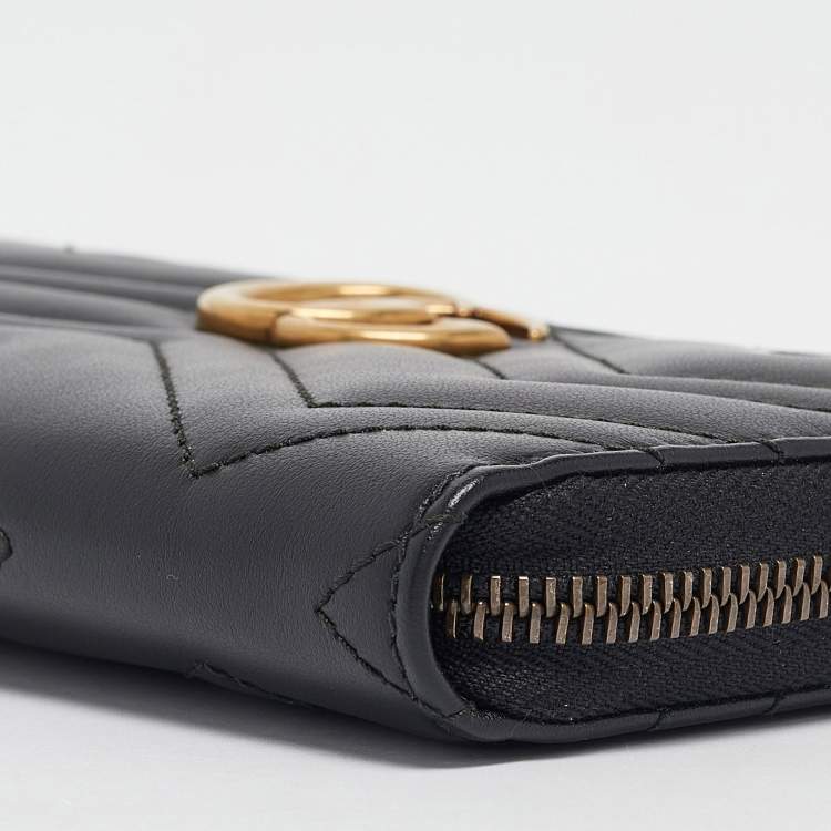 Pre Owned Gucci Black Matelassé Leather GG Marmont Zip Around Wallet