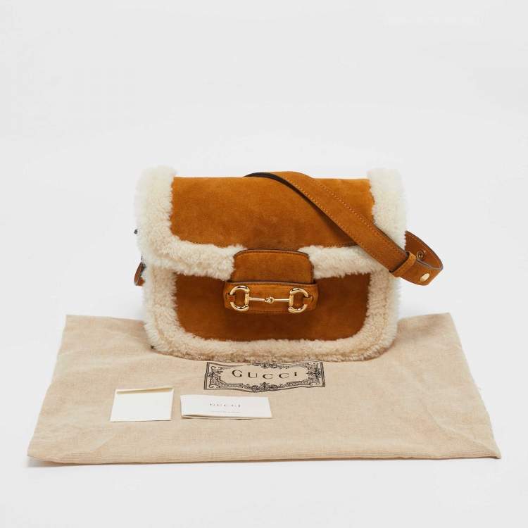 Pre Owned Gucci Brown/White Shearling Fur and Suede Small Horsebit 1955 Shoulder Bag