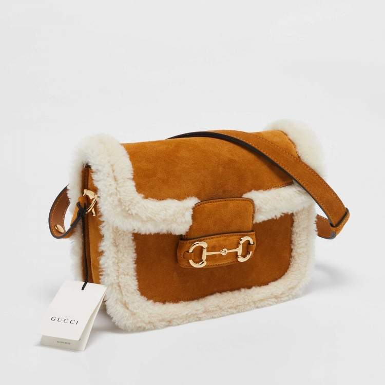 Pre Owned Gucci Brown/White Shearling Fur and Suede Small Horsebit 1955 Shoulder Bag