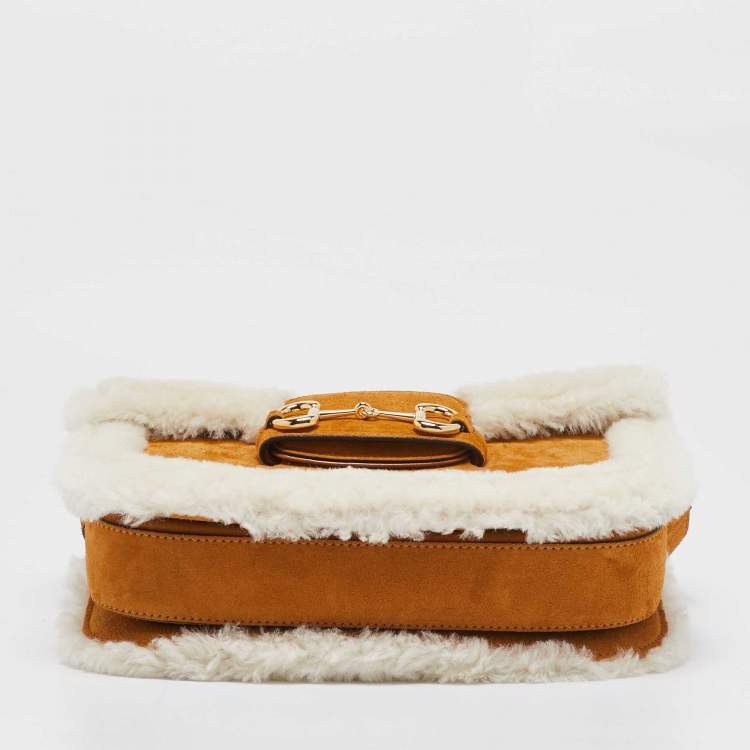 Pre Owned Gucci Brown/White Shearling Fur and Suede Small Horsebit 1955 Shoulder Bag