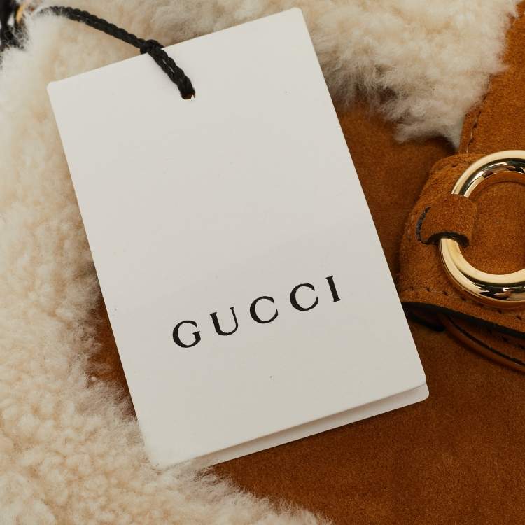 Pre Owned Gucci Brown/White Shearling Fur and Suede Small Horsebit 1955 Shoulder Bag