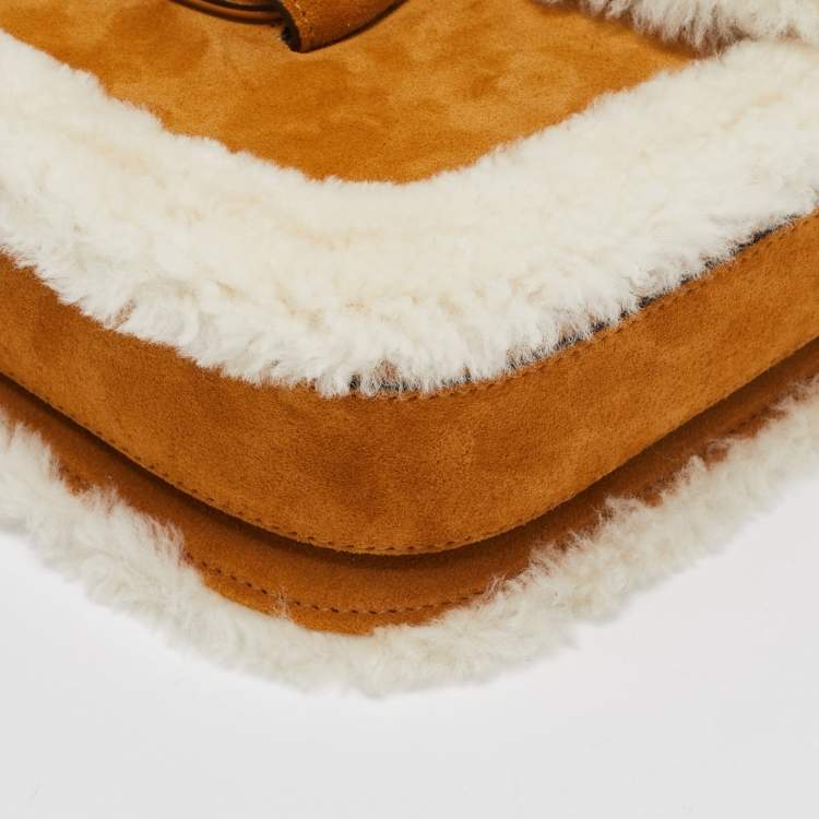 Pre Owned Gucci Brown/White Shearling Fur and Suede Small Horsebit 1955 Shoulder Bag