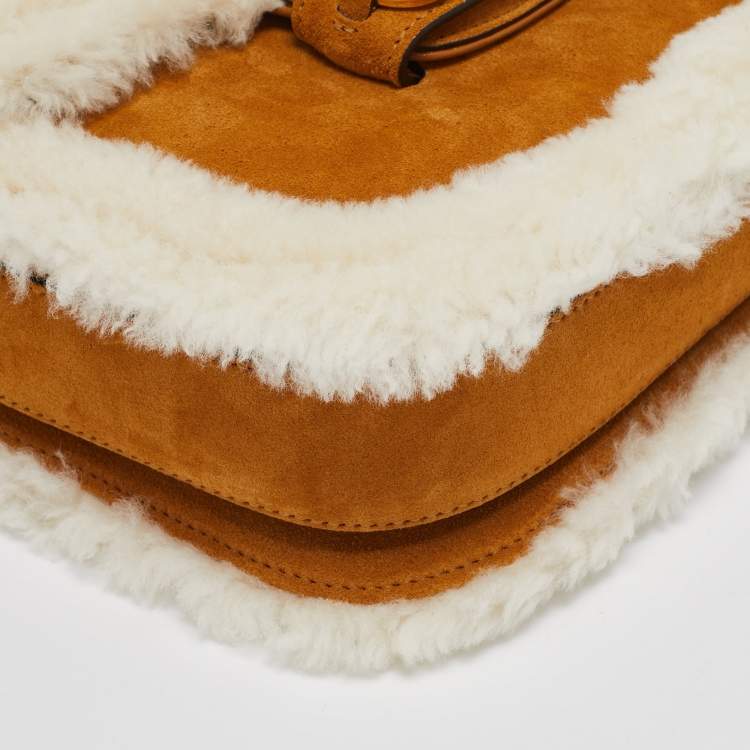 Pre Owned Gucci Brown/White Shearling Fur and Suede Small Horsebit 1955 Shoulder Bag