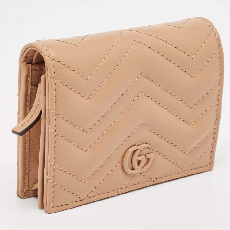 Pre Owned Gucci Beige Matelassé Leather GG Marmont Card Case