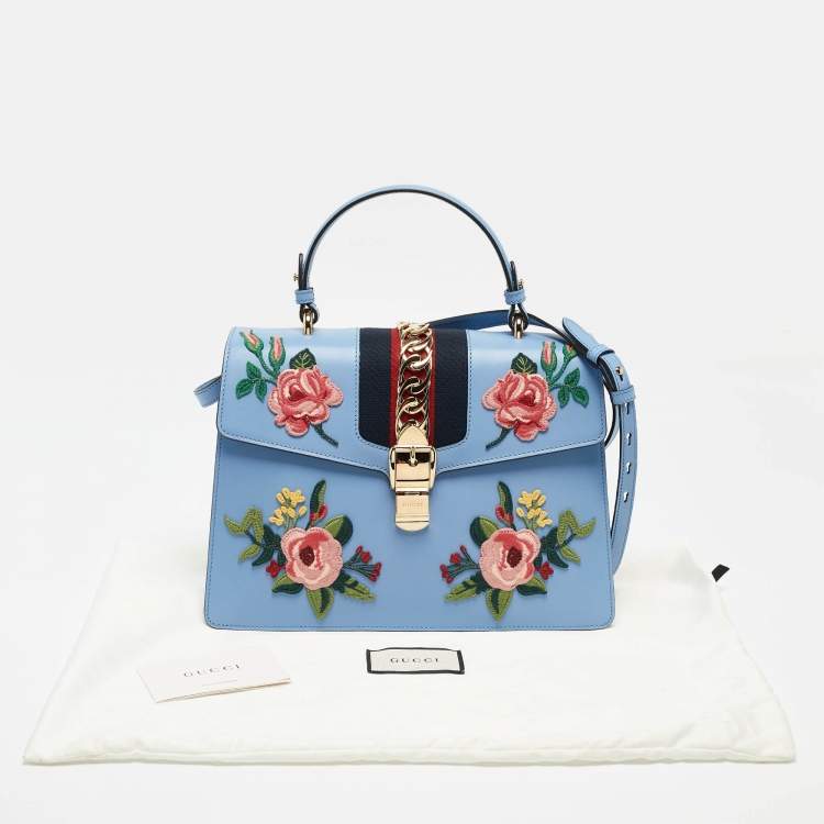 Pre Owned Gucci Blue Leather Floral Embroidered Medium Sylvie Top Handle Bag