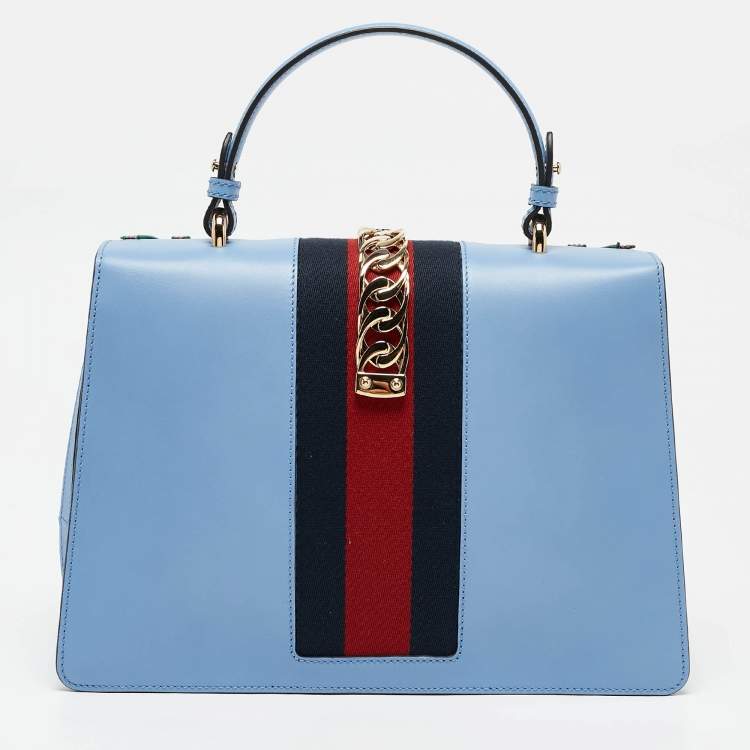 Pre Owned Gucci Blue Leather Floral Embroidered Medium Sylvie Top Handle Bag