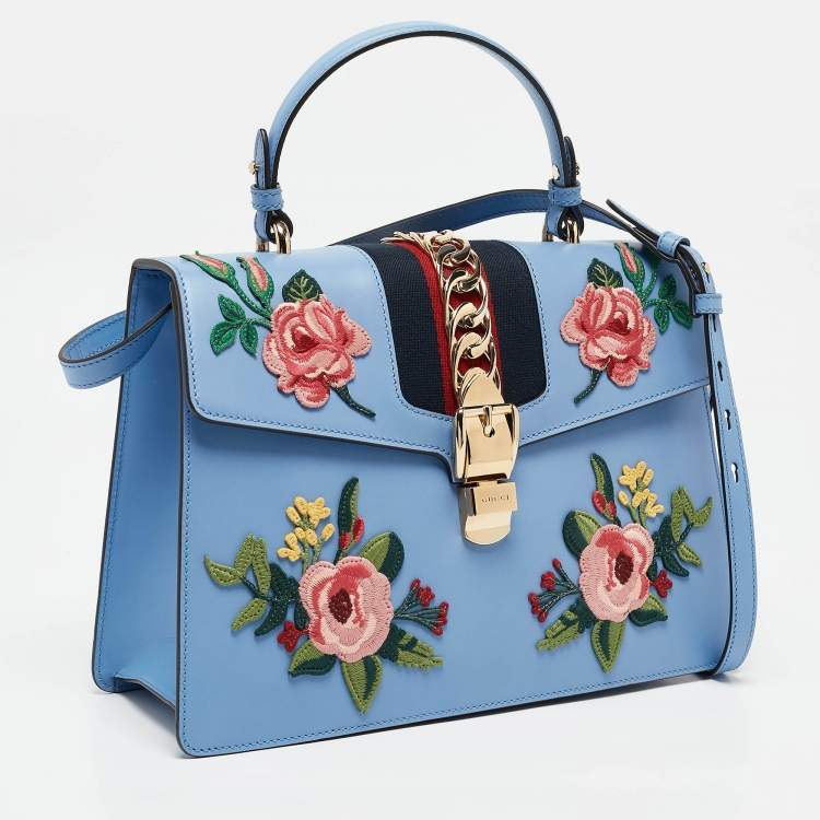 Pre Owned Gucci Blue Leather Floral Embroidered Medium Sylvie Top Handle Bag