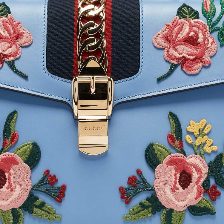 Pre Owned Gucci Blue Leather Floral Embroidered Medium Sylvie Top Handle Bag