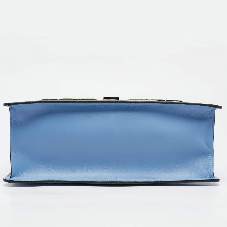 Pre Owned Gucci Blue Leather Floral Embroidered Medium Sylvie Top Handle Bag