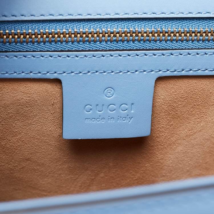 Pre Owned Gucci Blue Leather Floral Embroidered Medium Sylvie Top Handle Bag