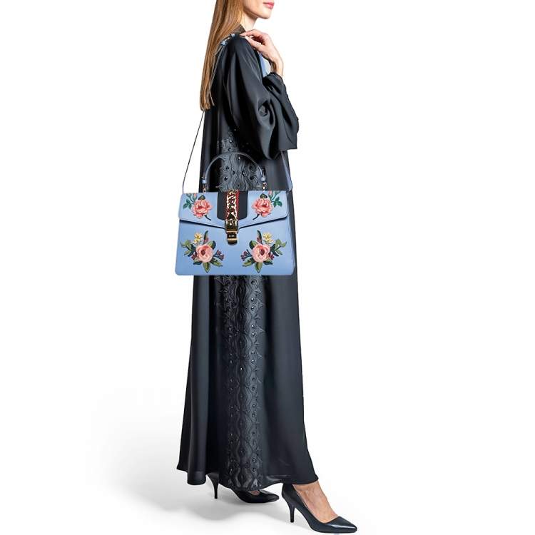 Pre Owned Gucci Blue Leather Floral Embroidered Medium Sylvie Top Handle Bag