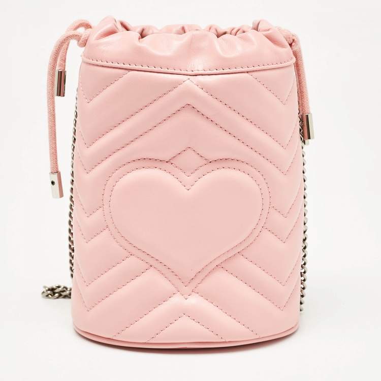 Pre Owned Gucci Pink Matelasse Leather Mini GG Marmont Bucket Bag