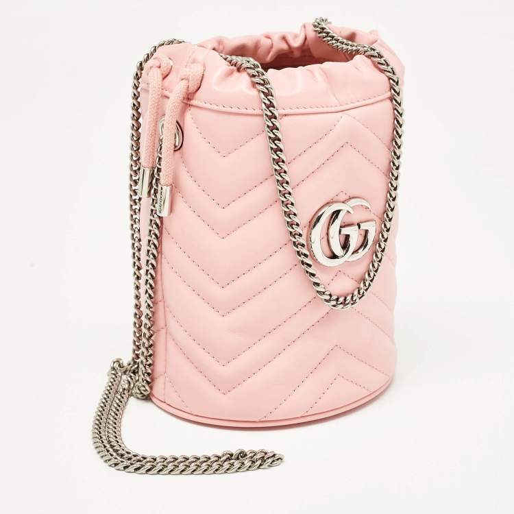 Pre Owned Gucci Pink Matelasse Leather Mini GG Marmont Bucket Bag