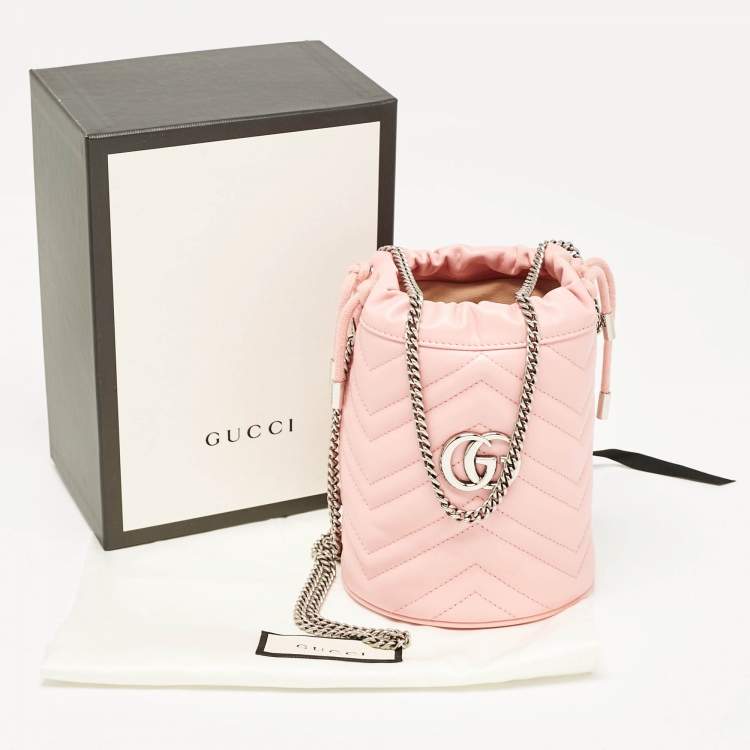 Pre Owned Gucci Pink Matelasse Leather Mini GG Marmont Bucket Bag