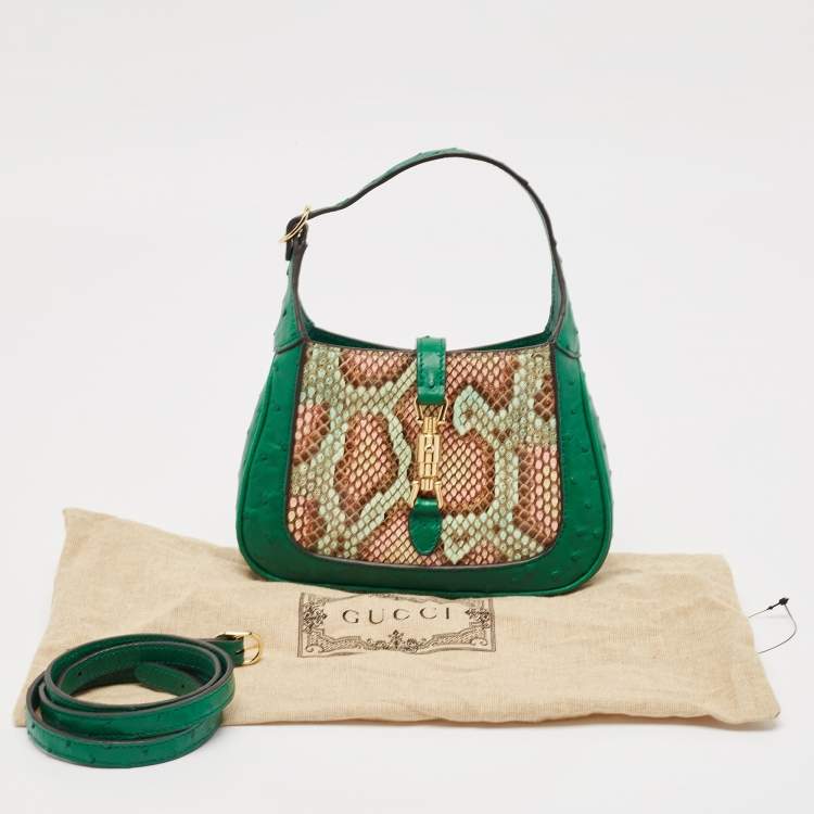 مملوكة مسبقًا Gucci Green/Multicolor Ostrich and Python Mini Jackie 1961 Hobo