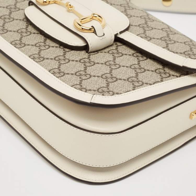 Pre Owned Gucci Beige/Off White GG Supreme Canvas and Leather Small Horsebit 1955 Shoulder Bag