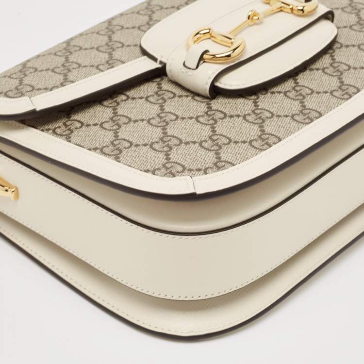 Pre Owned Gucci Beige/Off White GG Supreme Canvas and Leather Small Horsebit 1955 Shoulder Bag