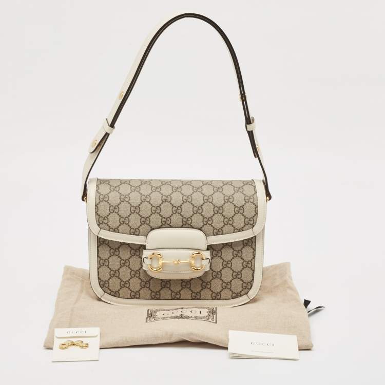 Pre Owned Gucci Beige/Off White GG Supreme Canvas and Leather Small Horsebit 1955 Shoulder Bag