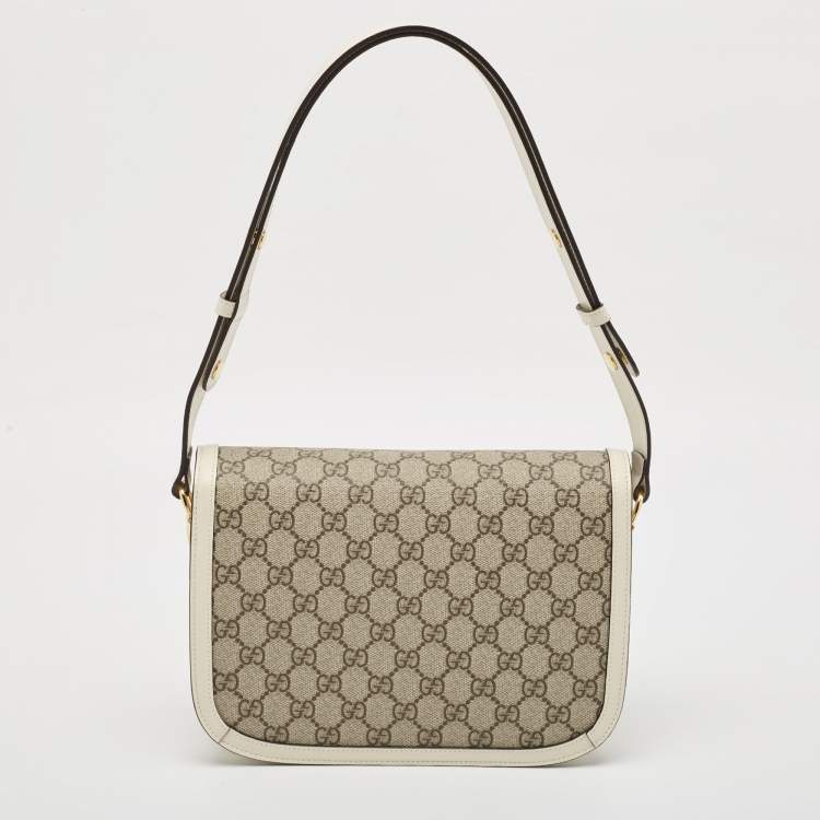 Pre Owned Gucci Beige/Off White GG Supreme Canvas and Leather Small Horsebit 1955 Shoulder Bag
