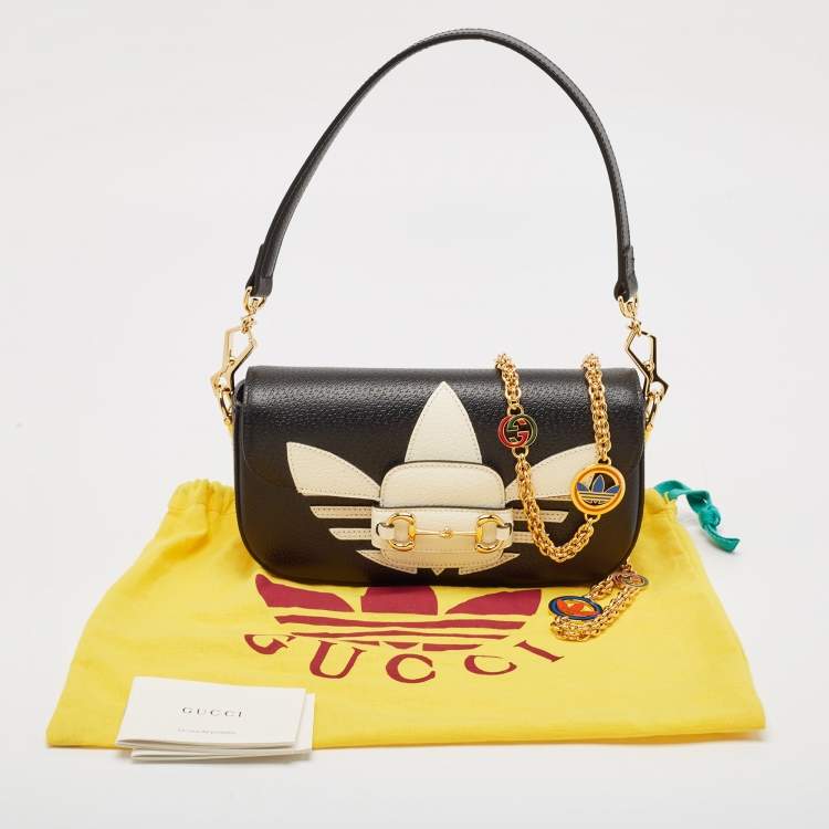 Pre Owned Gucci x Adidas Black/White Leather Small Horsebit 1955 Shoulder Bag