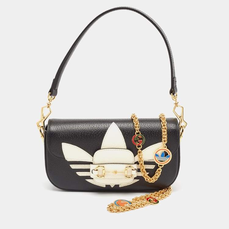 Pre Owned Gucci x Adidas Black/White Leather Small Horsebit 1955 Shoulder Bag