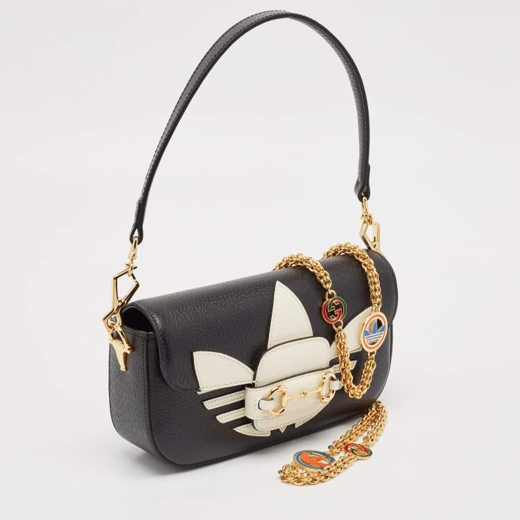 Pre Owned Gucci x Adidas Black/White Leather Small Horsebit 1955 Shoulder Bag