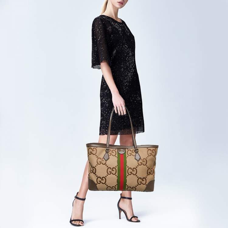 Pre Owned Gucci Beige/Ebony Jumbo GG Canvas Medium Ophidia Tote