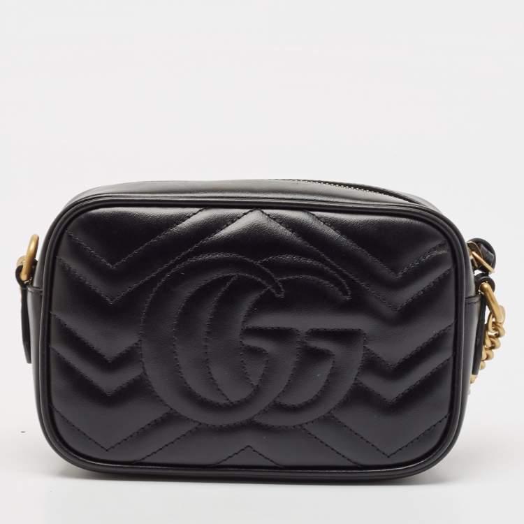 Pre Owned Gucci Black Matelasse Leather Mini GG Marmont Shoulder Bag