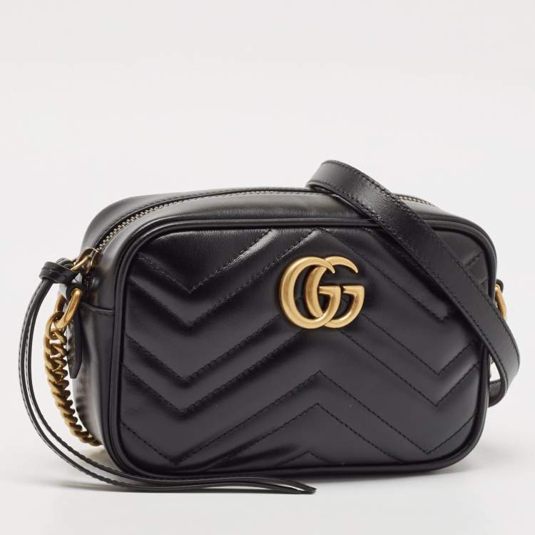 Pre Owned Gucci Black Matelasse Leather Mini GG Marmont Shoulder Bag