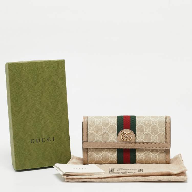 Pre Owned Gucci Beige GG Supreme Canvas and Leather Ophidia Continental Wallet 