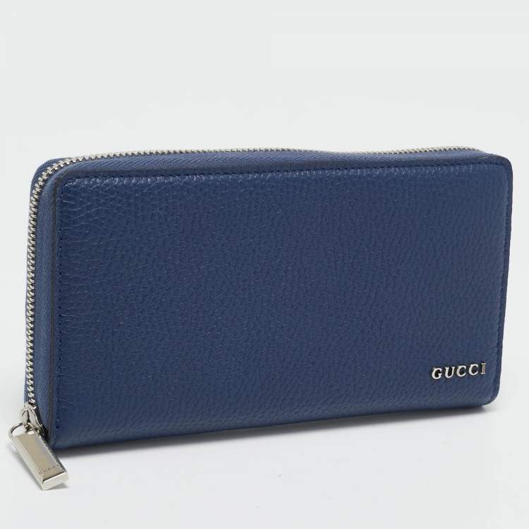 Pre Owned Gucci Navy Blue Leather Zip Continental Wallet
