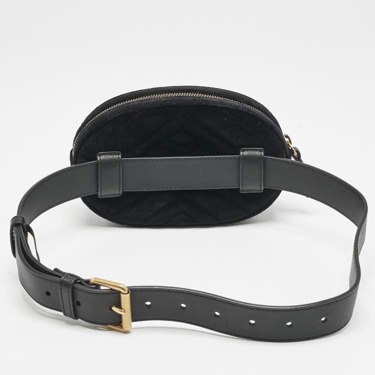 Pre Owned Gucci Black Matelassé Velvet GG Marmont Belt Bag