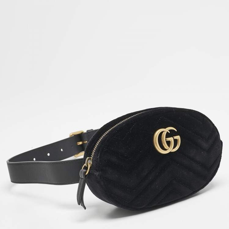 Pre Owned Gucci Black Matelassé Velvet GG Marmont Belt Bag