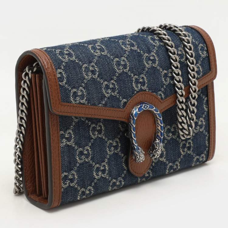 Pre Owned Gucci Blue/Brown GG Velvet Mini Dionysus Wallet On Chain