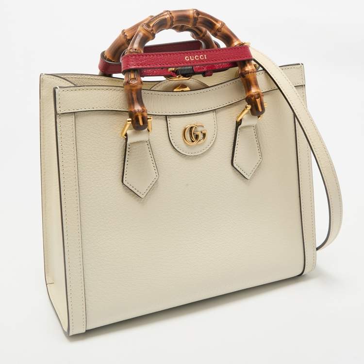 Pre Owned Gucci Off White Leather Small Bamboo Diana Tote