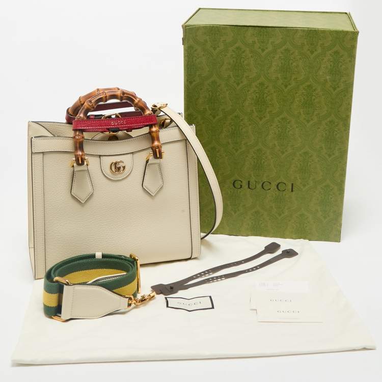 Pre Owned Gucci Off White Leather Small Bamboo Diana Tote