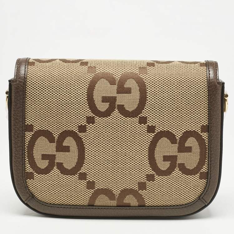 Pre Owned Gucci Brown/Beige Jumbo GG Canvas and Leather Mini Horsebit 1955 Shoulder Bag
