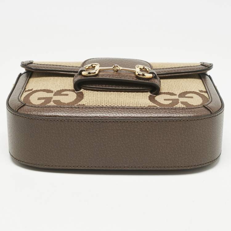 Pre Owned Gucci Brown/Beige Jumbo GG Canvas and Leather Mini Horsebit 1955 Shoulder Bag