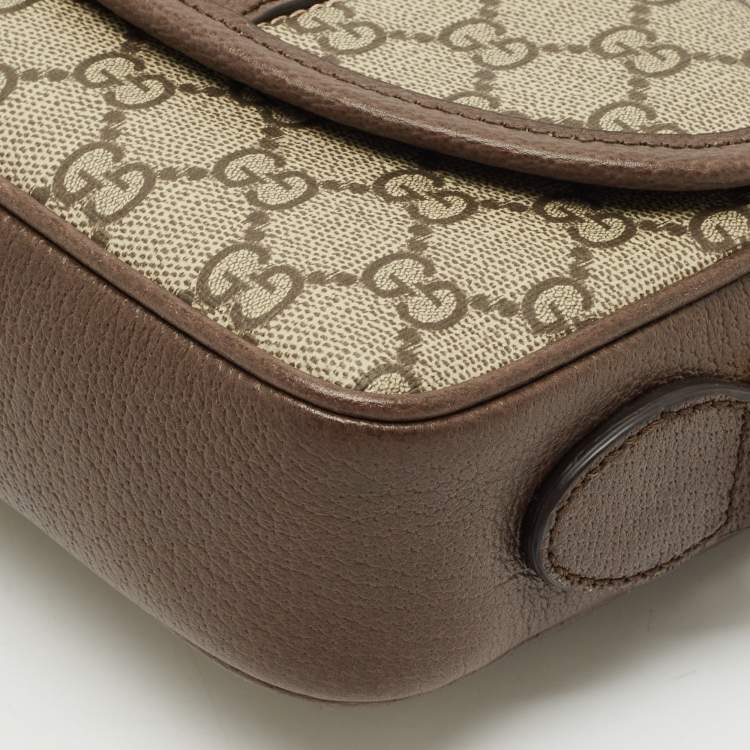 Pre Owned Gucci Brown/Beige GG Supreme Canvas and Leather Ophidia Flap Crossbody Bag