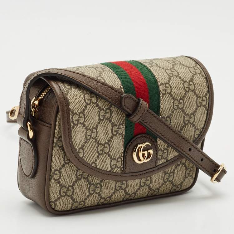 Pre Owned Gucci Brown/Beige GG Supreme Canvas and Leather Ophidia Flap Crossbody Bag