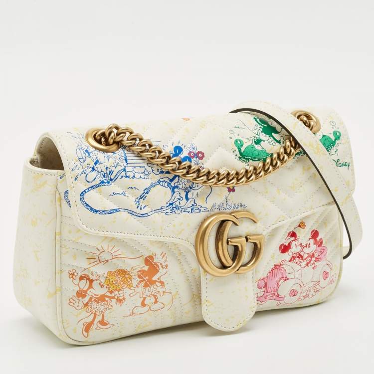 Pre Owned Gucci x Disney Multicolor Matelassé Leather Mickey Minnie Mouse Medium GG Marmont Shoulder Bag