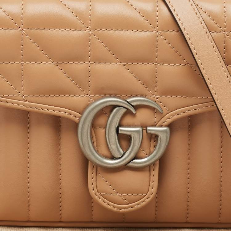 Pre Owned Gucci Beige Matelassé Aria Leather Mini GG Marmont Top Handle Bag