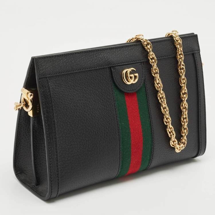 Pre Owned Gucci Black Leather GG Web Detail Ophidia Small Chain Shoulder Bag