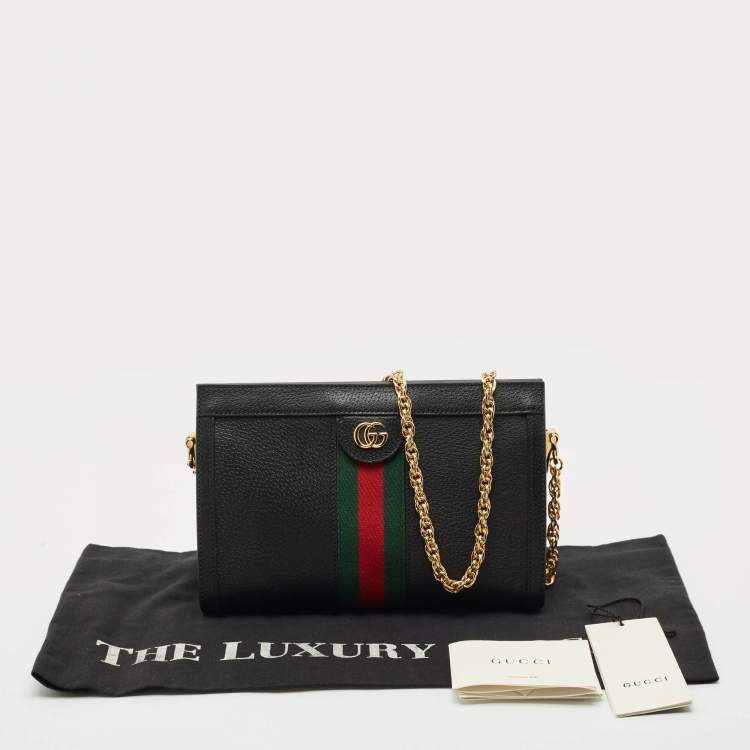 Pre Owned Gucci Black Leather GG Web Detail Ophidia Small Chain Shoulder Bag
