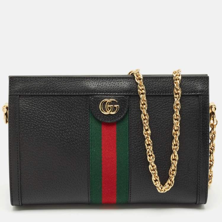 Pre Owned Gucci Black Leather GG Web Detail Ophidia Small Chain Shoulder Bag