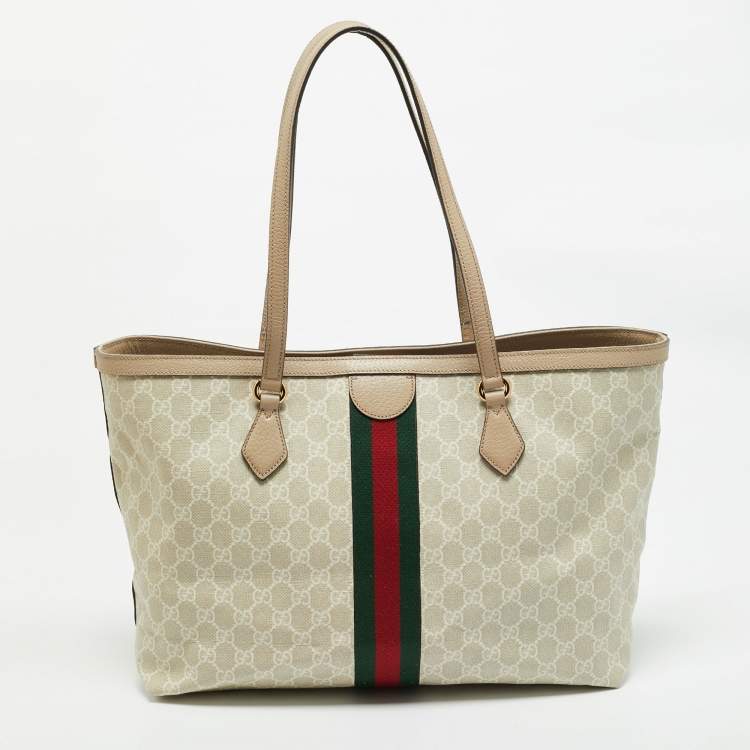 Pre Owned Gucci Beige/White GG Supreme Canvas Large Ophidia Tote