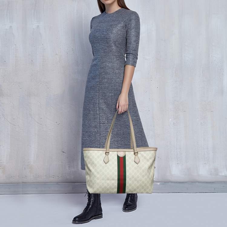 Pre Owned Gucci Beige/White GG Supreme Canvas Large Ophidia Tote